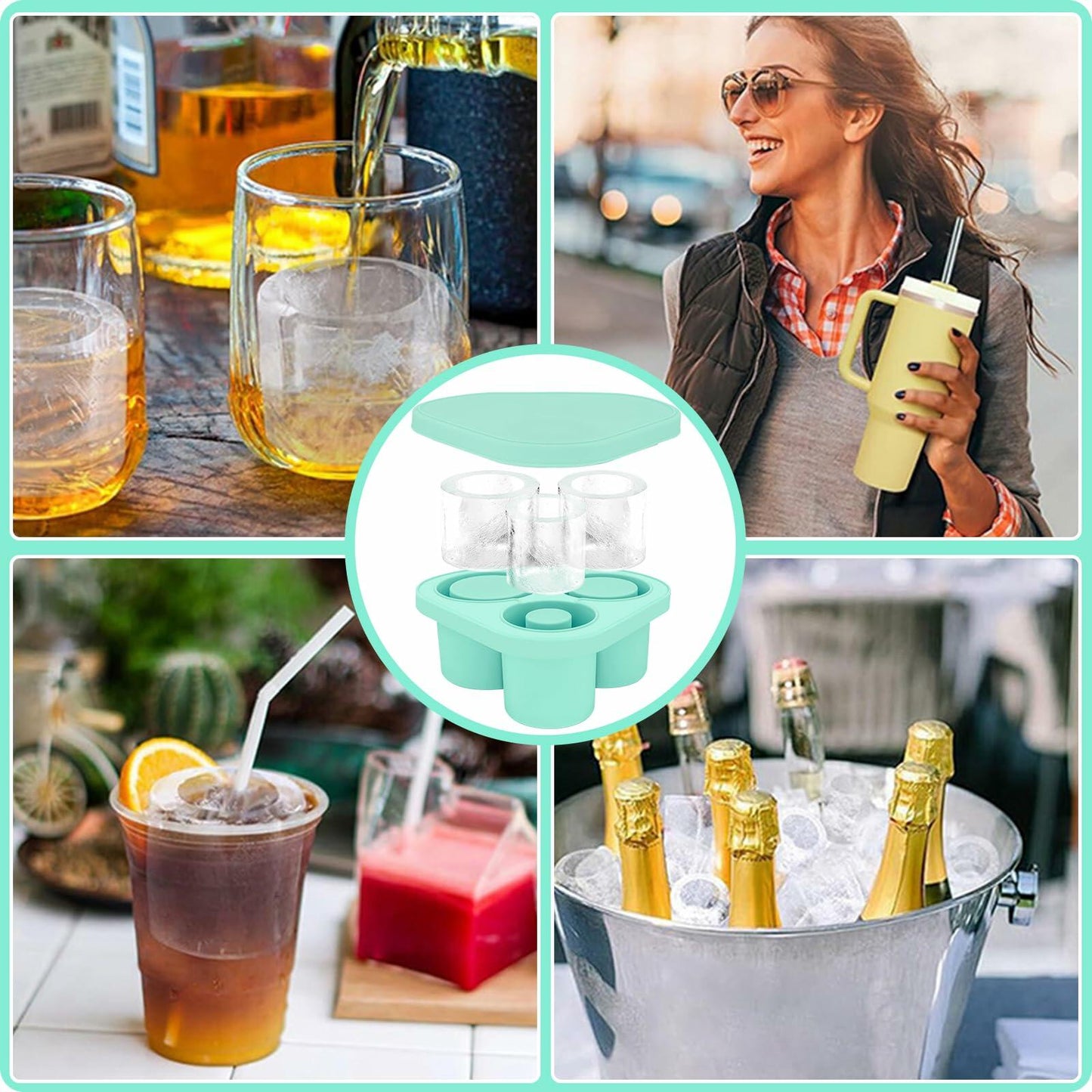 Azooken Silicone Ice Cube Tray with Lid & Bin for 30-40oz Tumbler Blue 3 Pcs