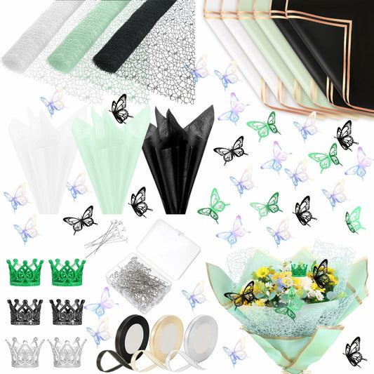 Qilery 334 Pc Flower Wrapping Paper Waterproof Floral Butterfly White Green