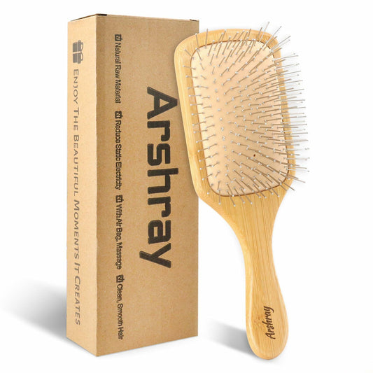 Arshray Bamboo Paddle Hair Brush Stainless Steel Teeth All Hair Types