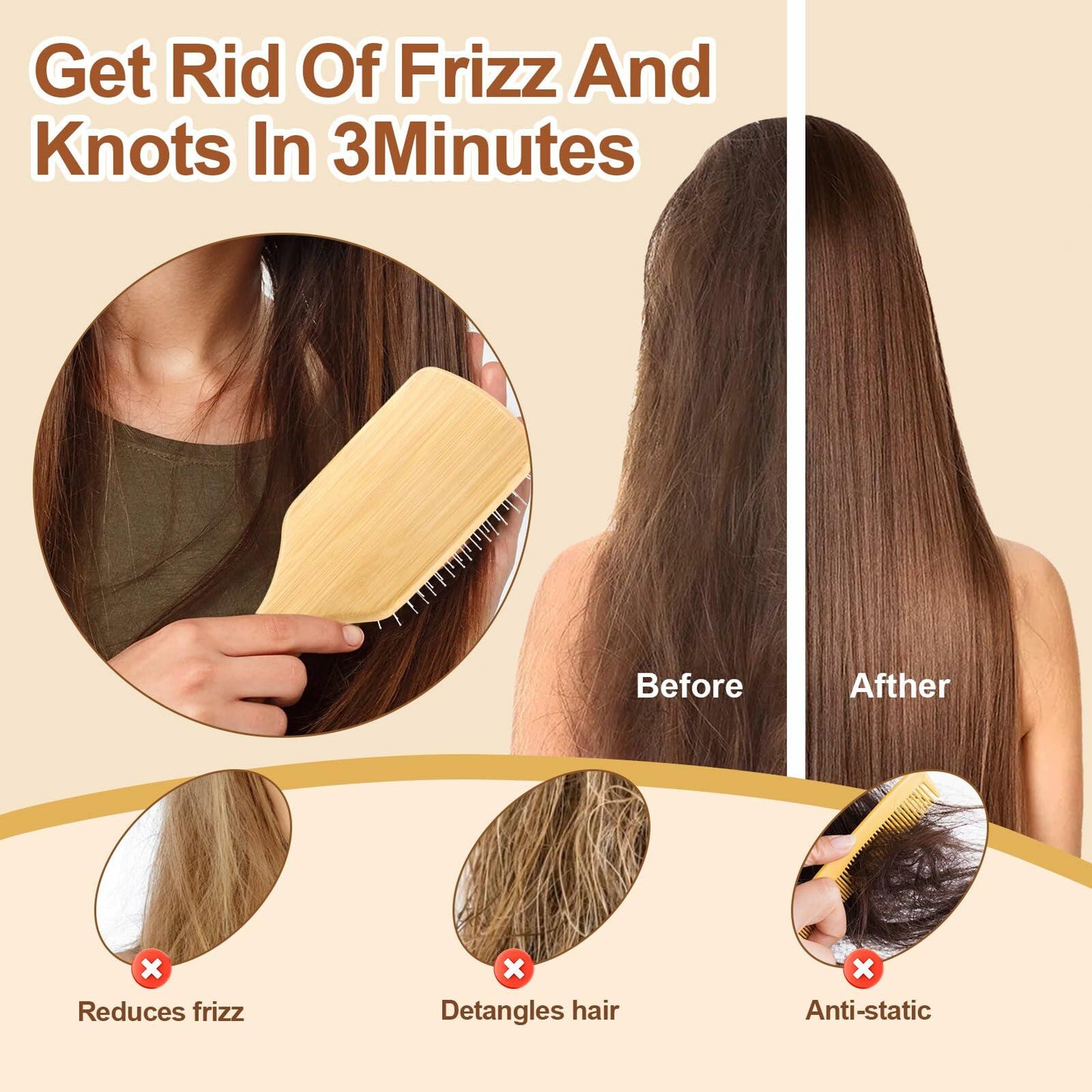 Arshray Bamboo Paddle Hair Brush Stainless Steel Teeth All Hair Types