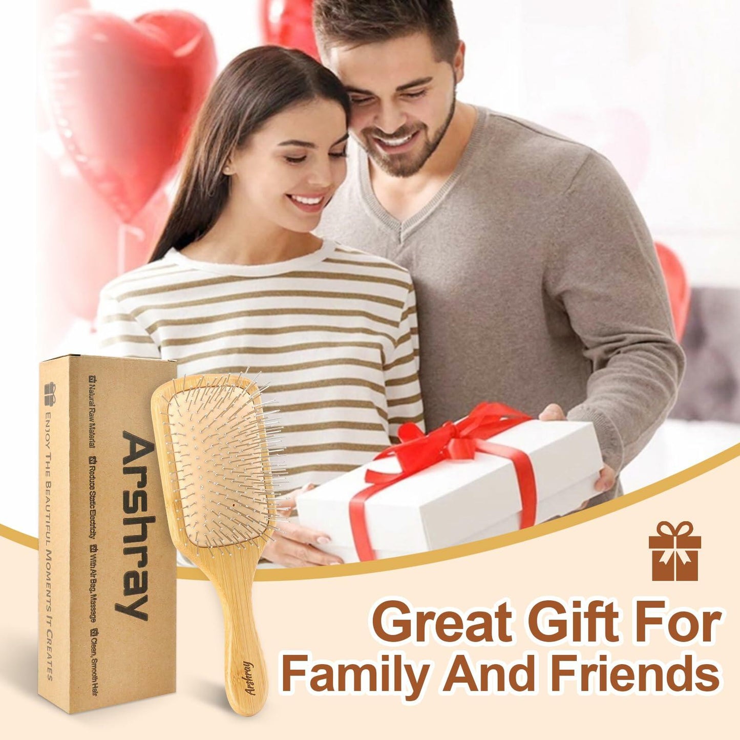 Arshray Bamboo Paddle Hair Brush Stainless Steel Teeth All Hair Types