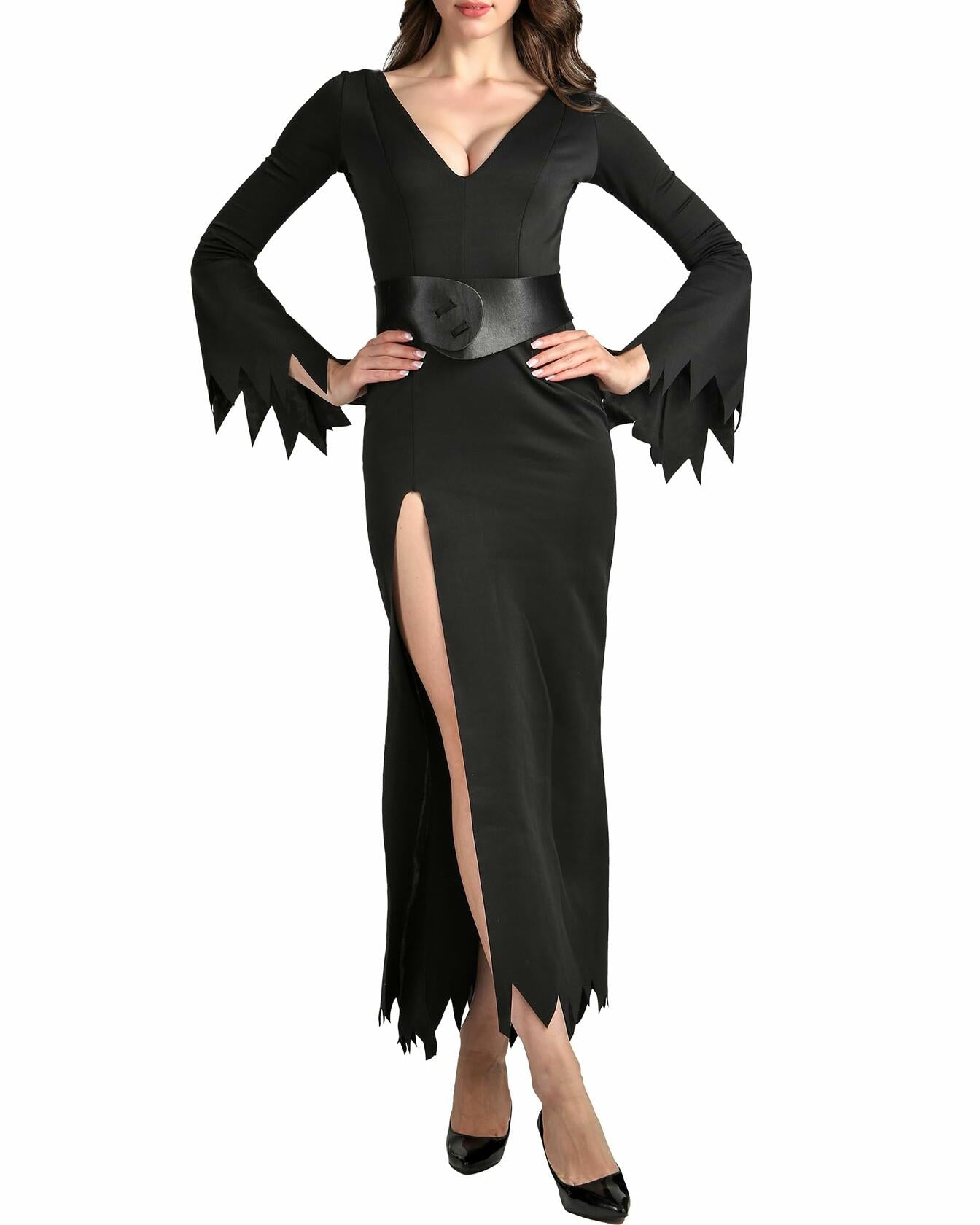 [Like New] Wizland Halloween Elvira Costume Black Long Flared Sleeve Dress Size S