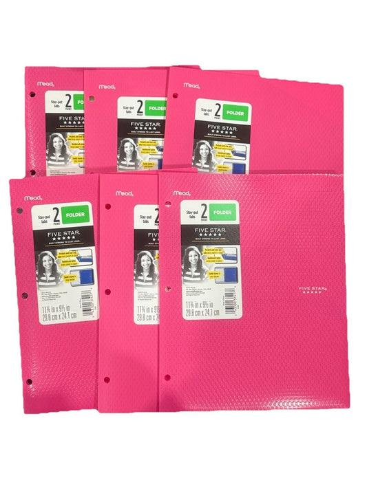 Mead Five Star Plastic Stay-Put Tab 2 Pocket Folders Pink 6 Pack 11.75x9.5