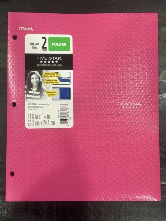 Mead Five Star Plastic Stay-Put Tab 2 Pocket Folders Pink 6 Pack 11.75x9.5