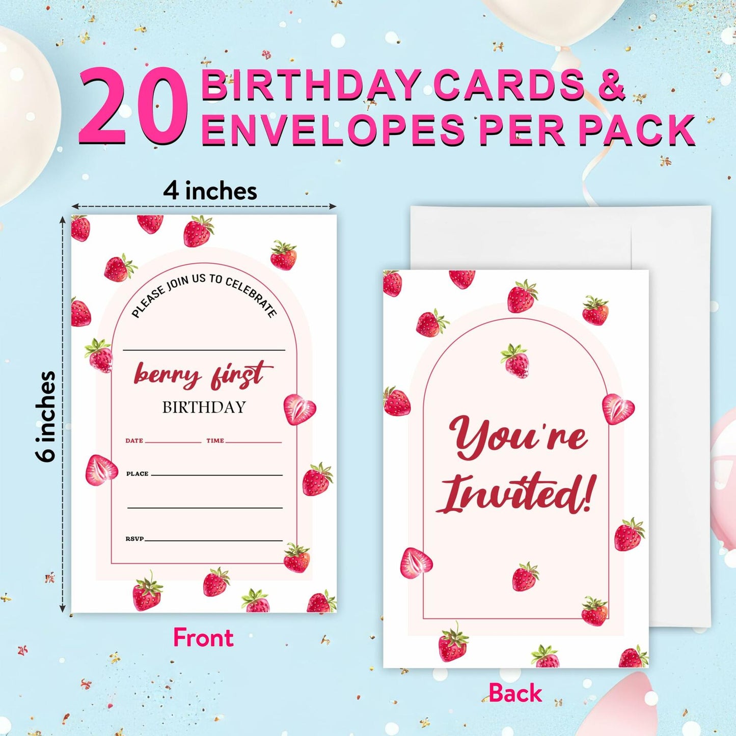 EXW 4x6 Birthday Invitations Berry Strawberry Pink Floral 20 Pcs Modern