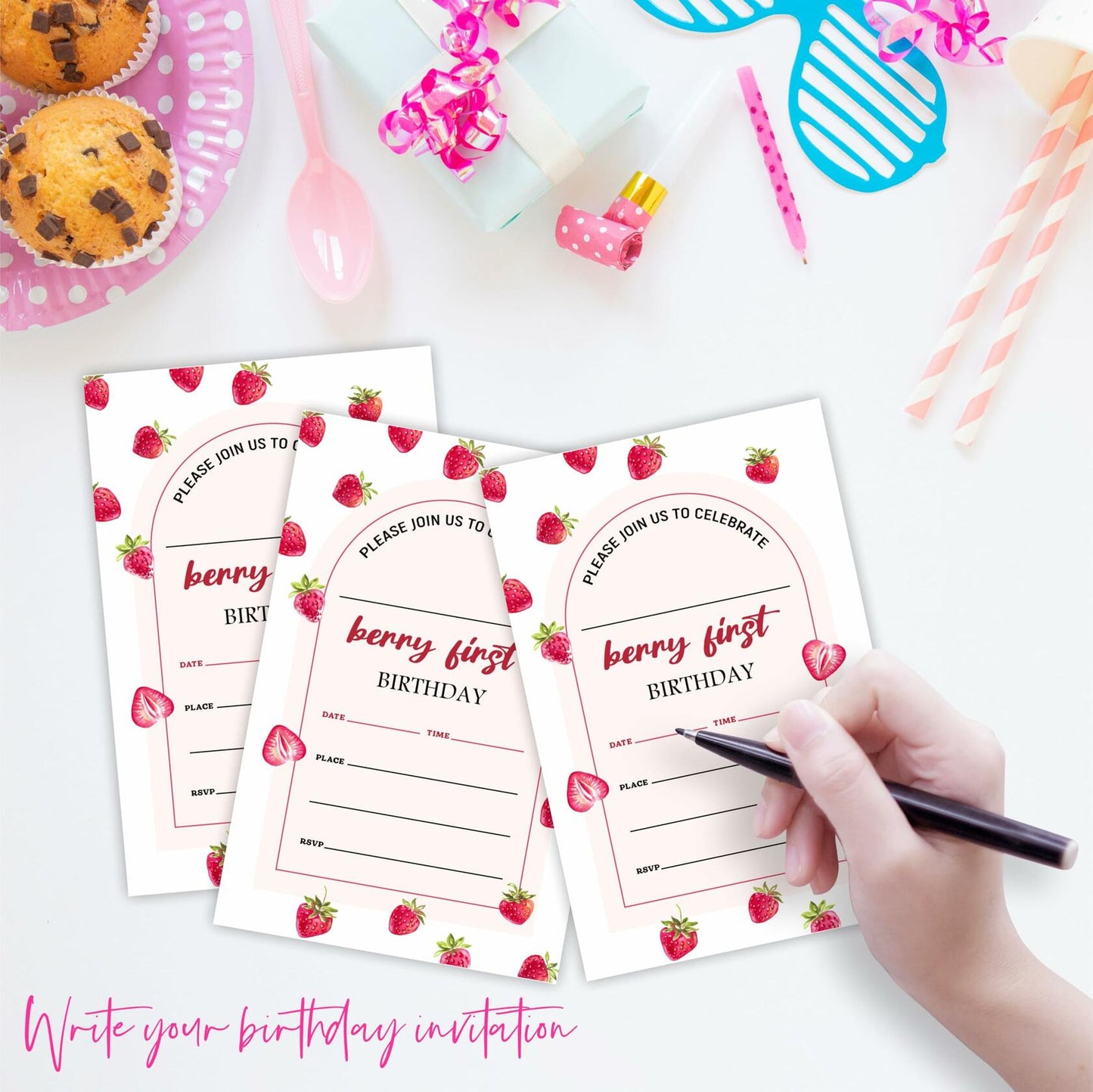 EXW 4x6 Birthday Invitations Berry Strawberry Pink Floral 20 Pcs Modern