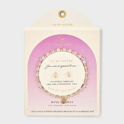 Double Heart Charm Beaded Bracelet & Stud Earrings Set Rose Quartz 2pc