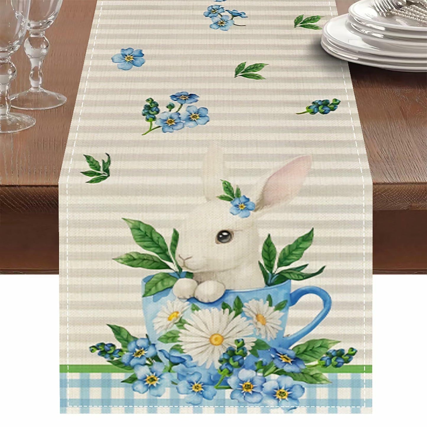Hamiutci Easter Table Runner 13x72in Blue Bunny Floral Spring Decor