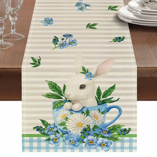 Hamiutci Easter Table Runner 13x72in Blue Bunny Floral Spring Decor