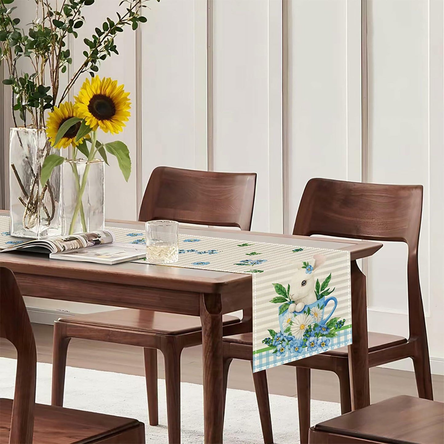 Hamiutci Easter Table Runner 13x72in Blue Bunny Floral Spring Decor