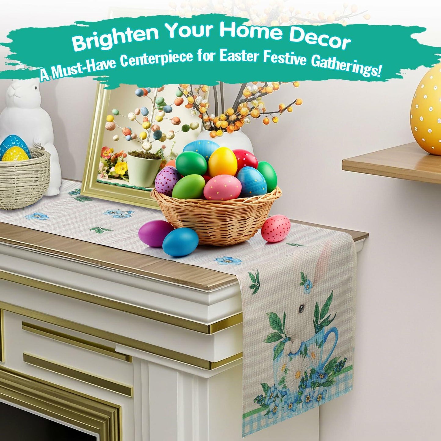 Hamiutci Easter Table Runner 13x72in Blue Bunny Floral Spring Decor