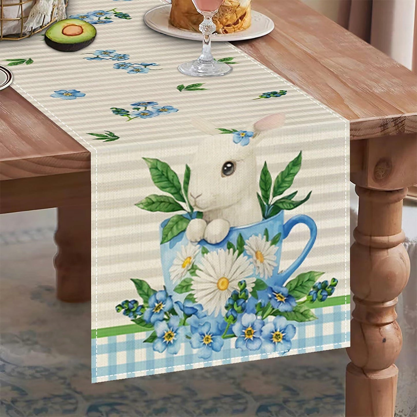 Hamiutci Easter Table Runner 13x72in Blue Bunny Floral Spring Decor