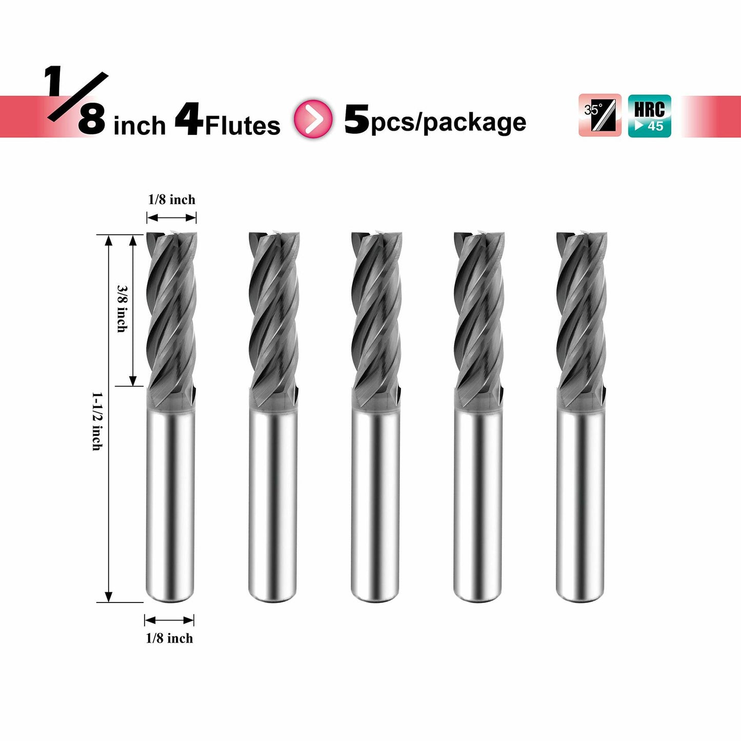 SPEED TIGER ISE Carbide End Mill 1/8" 4 Flute Square Nose AlTiBN Coated 5-Pack