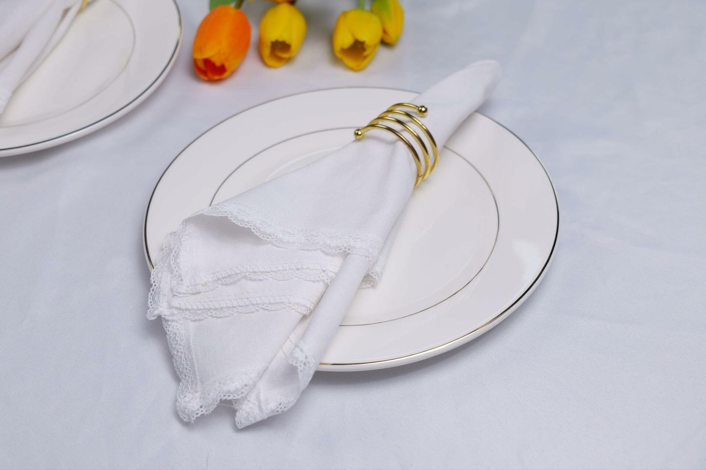 Cloth Dinner Napkins with Lace - Linen Rayon Cotton Blend -White