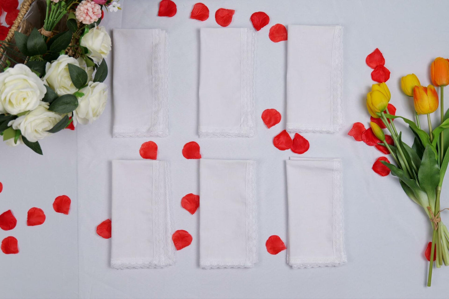 Cloth Dinner Napkins with Lace - Linen Rayon Cotton Blend -White