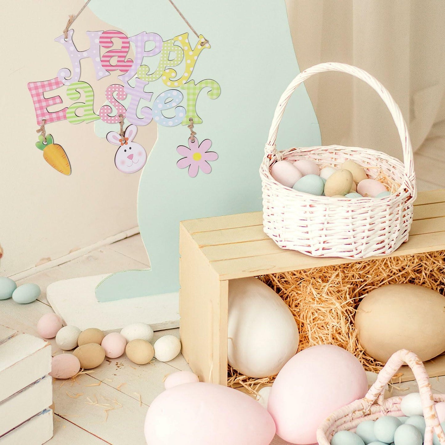 Easter Door Hanging Decor, Easter Wreaths for Front Door Cute Flower Bunny