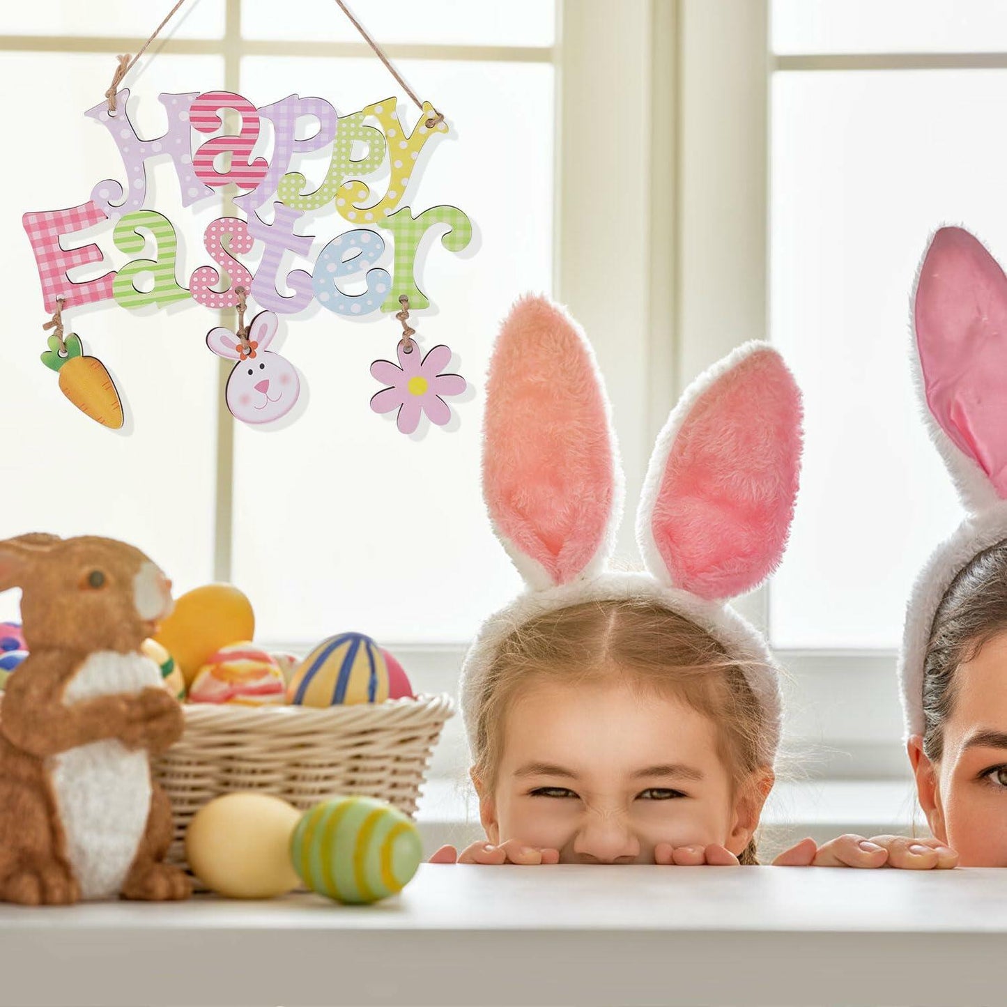 Easter Door Hanging Decor, Easter Wreaths for Front Door Cute Flower Bunny