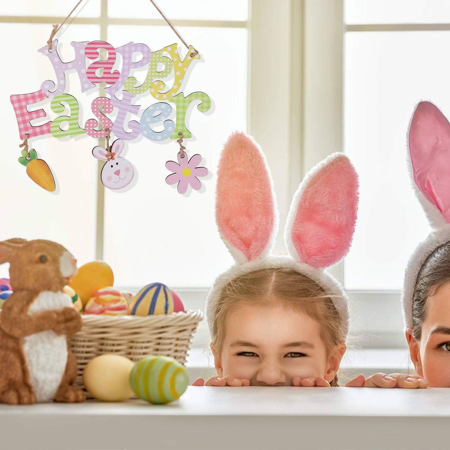 Easter Door Hanging Decor, Easter Wreaths for Front Door Cute Flower Bunny
