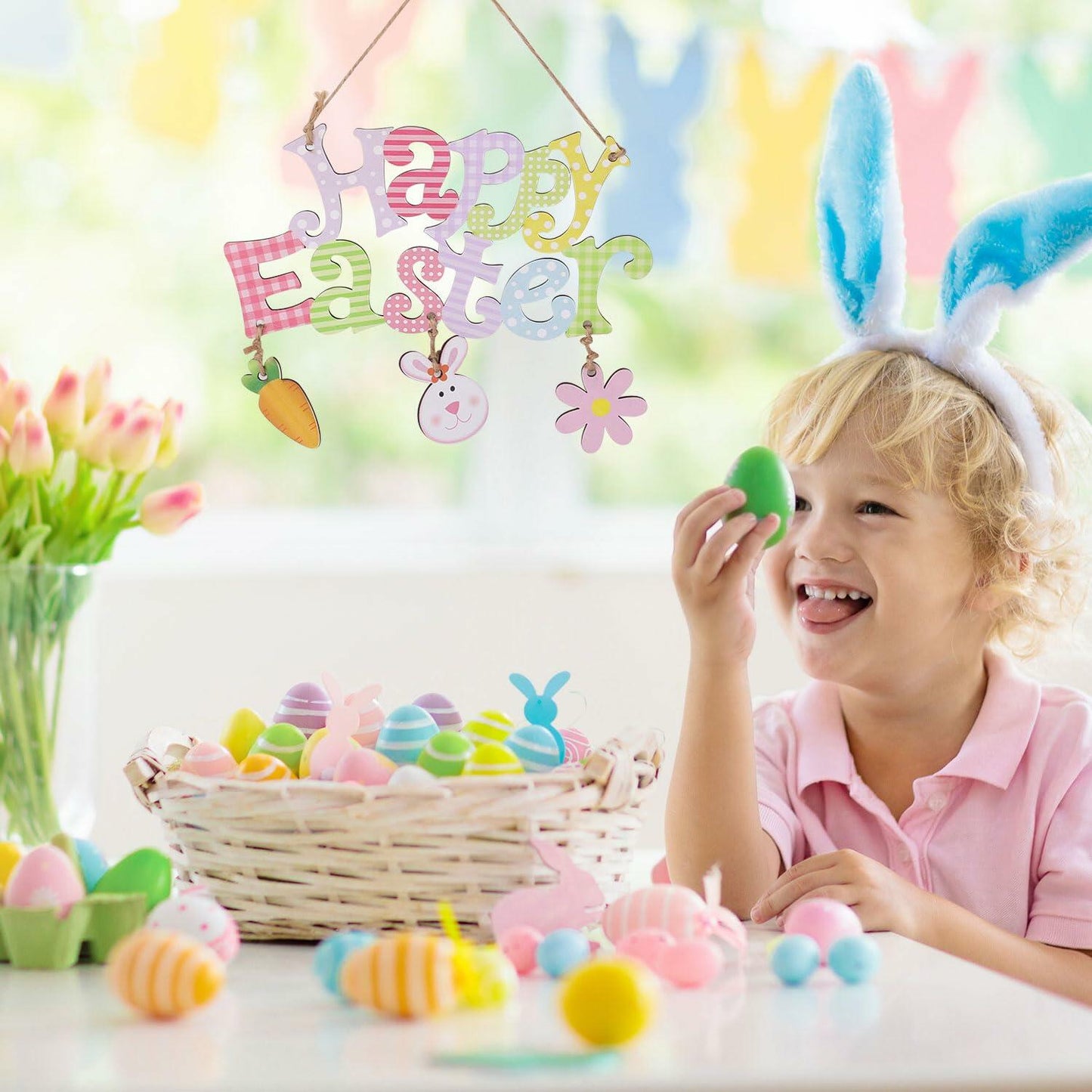 Easter Door Hanging Decor, Easter Wreaths for Front Door Cute Flower Bunny