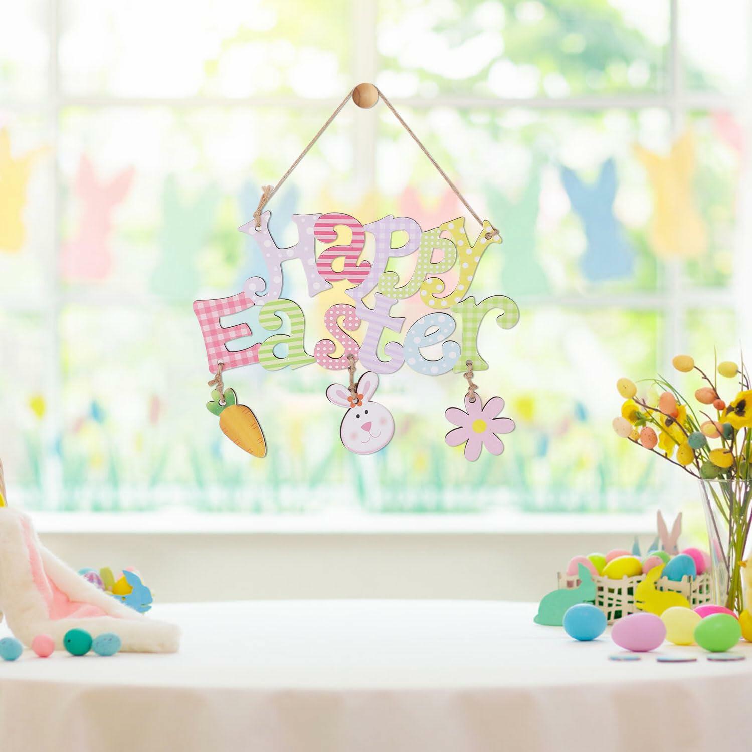 Easter Door Hanging Decor, Easter Wreaths for Front Door Cute Flower Bunny