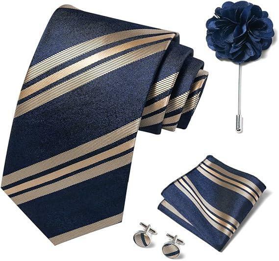 Joy Alice Men’s Tie Set Necktie Handkerchief Cufflinks Brooch Gold Blue