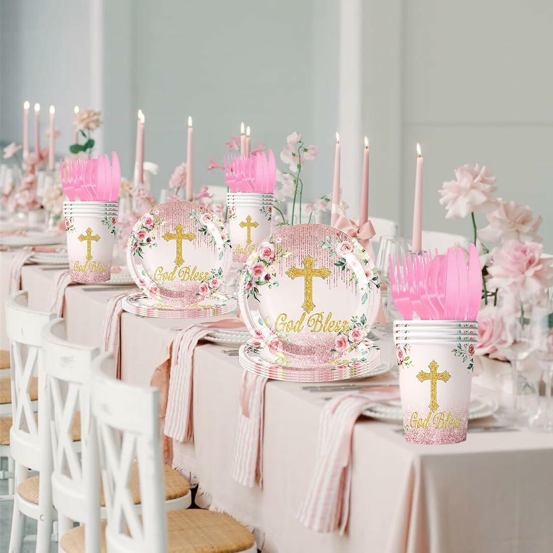Honruida 169pcs Pink First Communion Baptismal Plates Napkins Tablecloth Cups