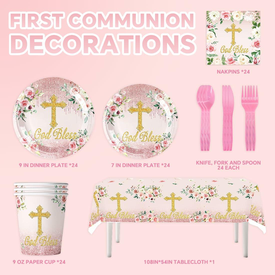 Honruida 169pcs Pink First Communion Baptismal Plates Napkins Tablecloth Cups