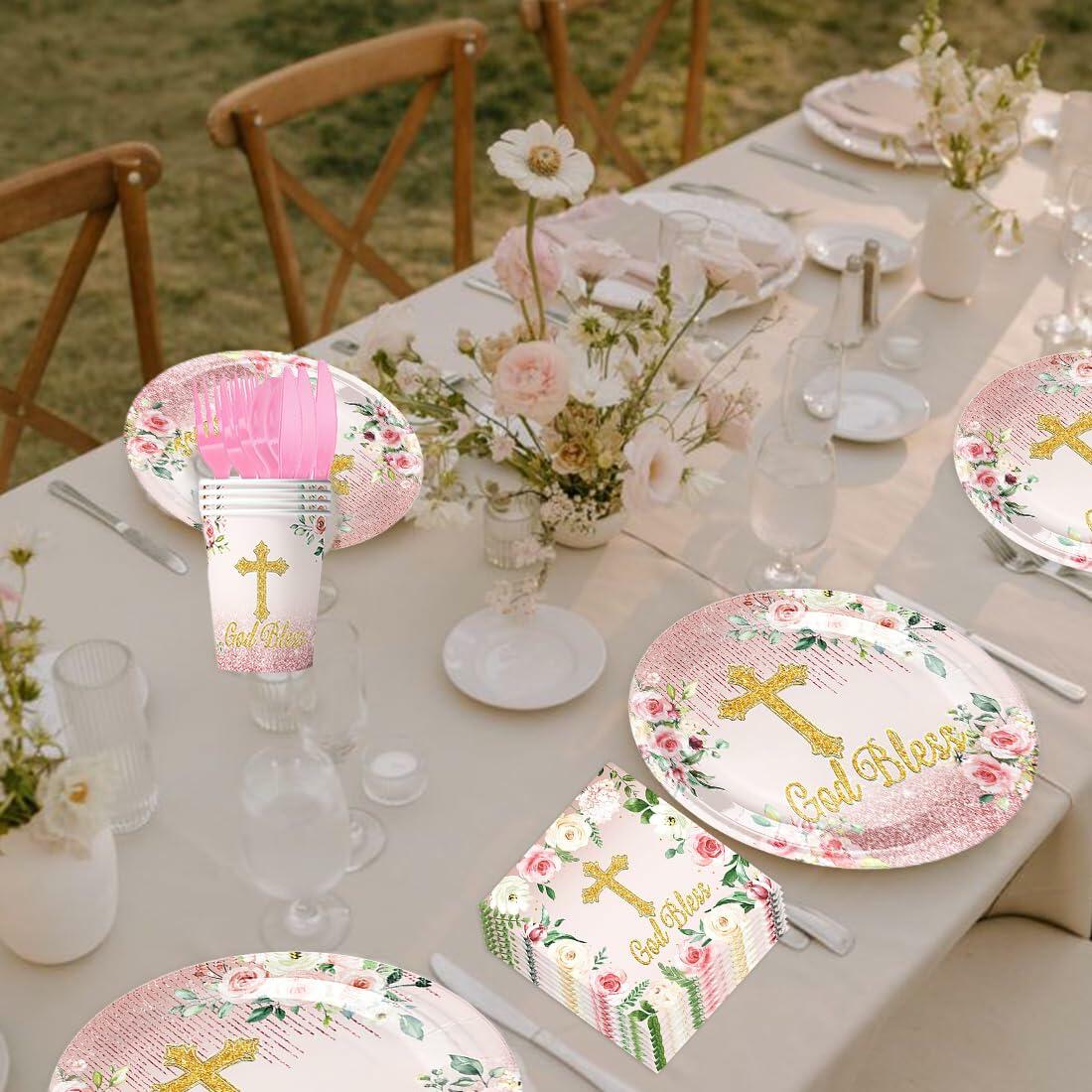 Honruida 169pcs Pink First Communion Baptismal Plates Napkins Tablecloth Cups
