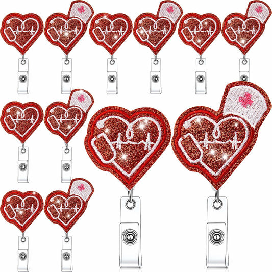 Skyygemm 12 Pcs Nurse Badge Reels Felt Heart Red Retractable Alligator Clip