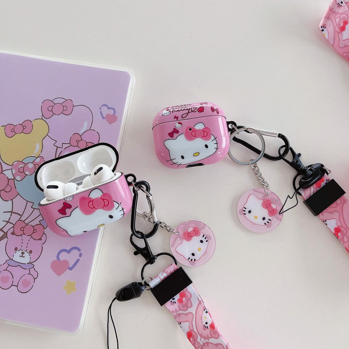 LZHZXM Cute Hello Cartoon Cat TPU Case with Pink Kawaii Lanyard Keychain