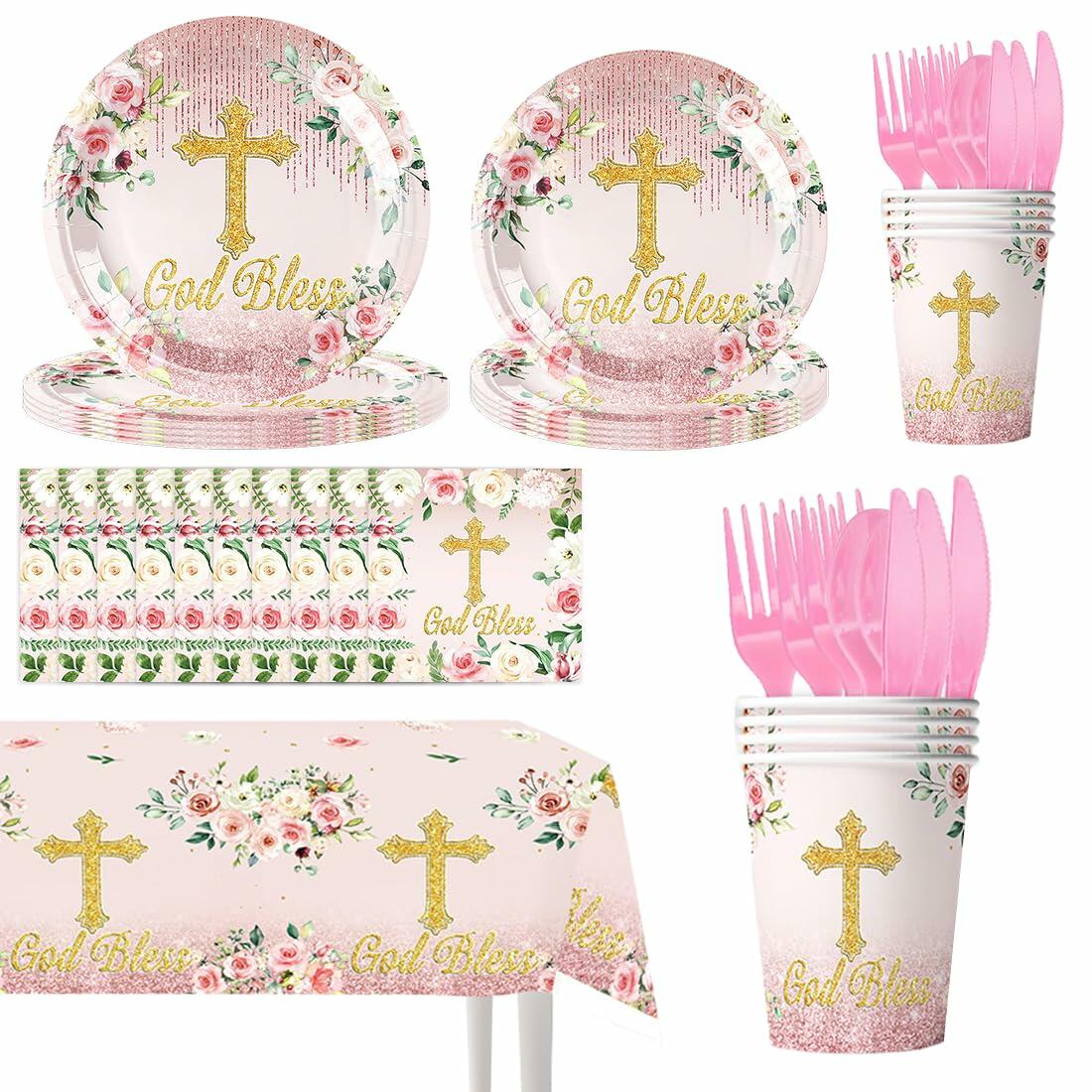 Honruida 169pcs Pink First Communion Baptismal Plates Napkins Tablecloth Cups