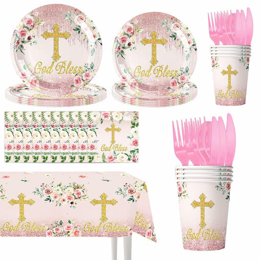 Honruida 169pcs Pink First Communion Baptismal Plates Napkins Tablecloth Cups
