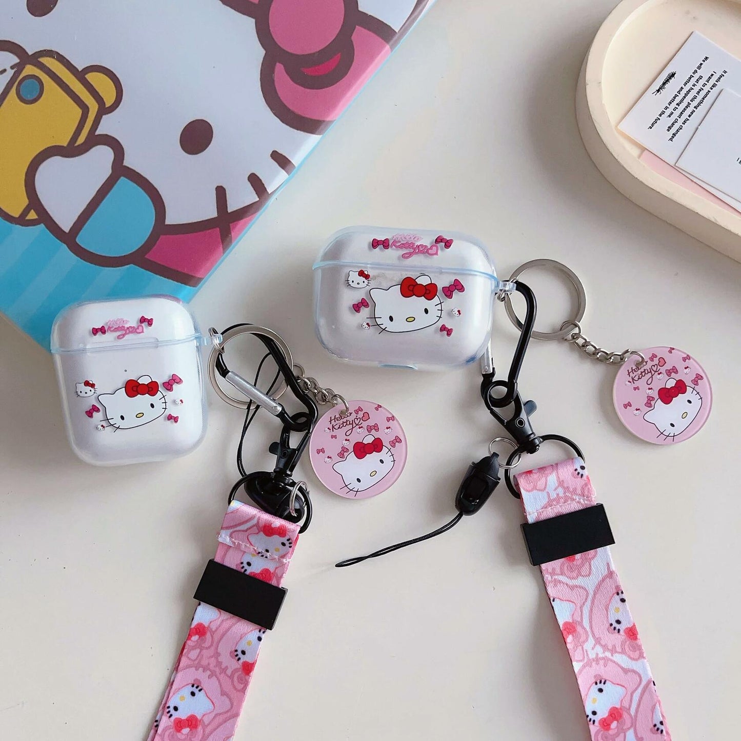 LZHZXM Hello Cartoon Cat TPU Case with Pink Lanyard Keychain Transparent