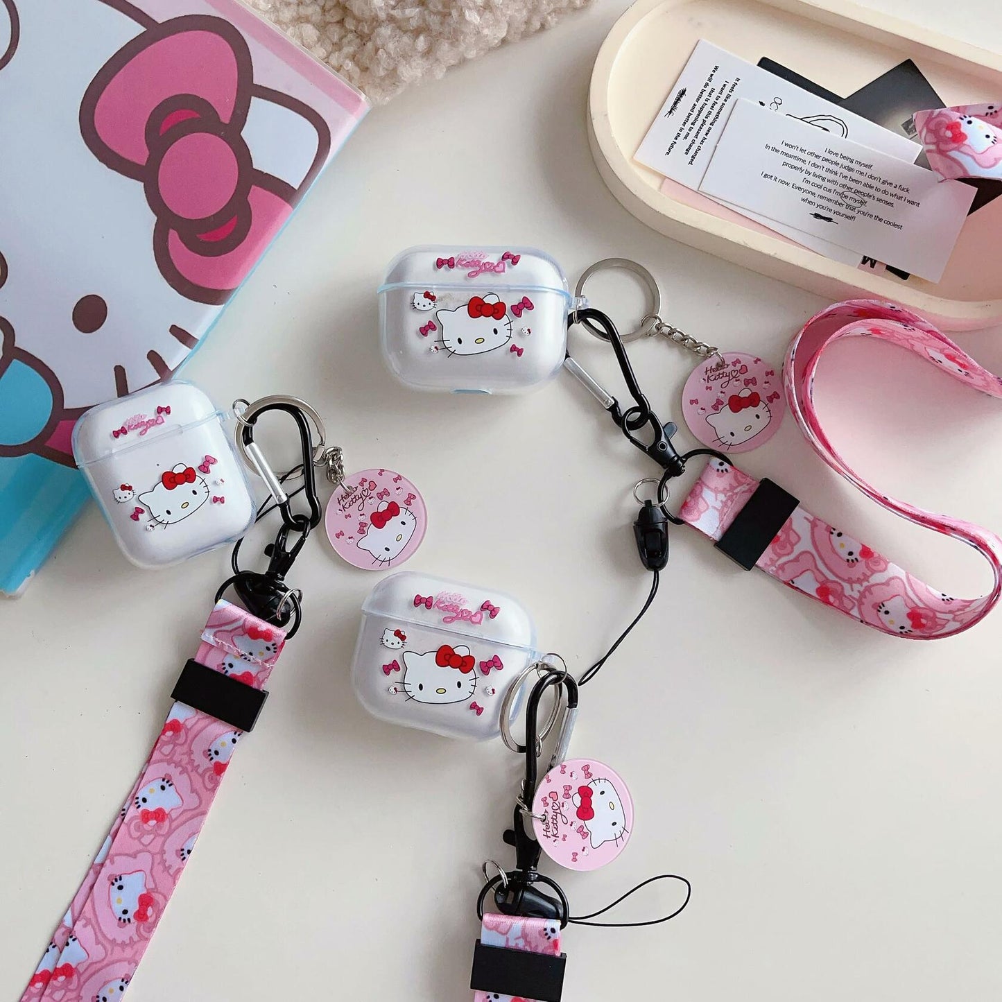 LZHZXM Hello Cartoon Cat TPU Case with Pink Lanyard Keychain Transparent