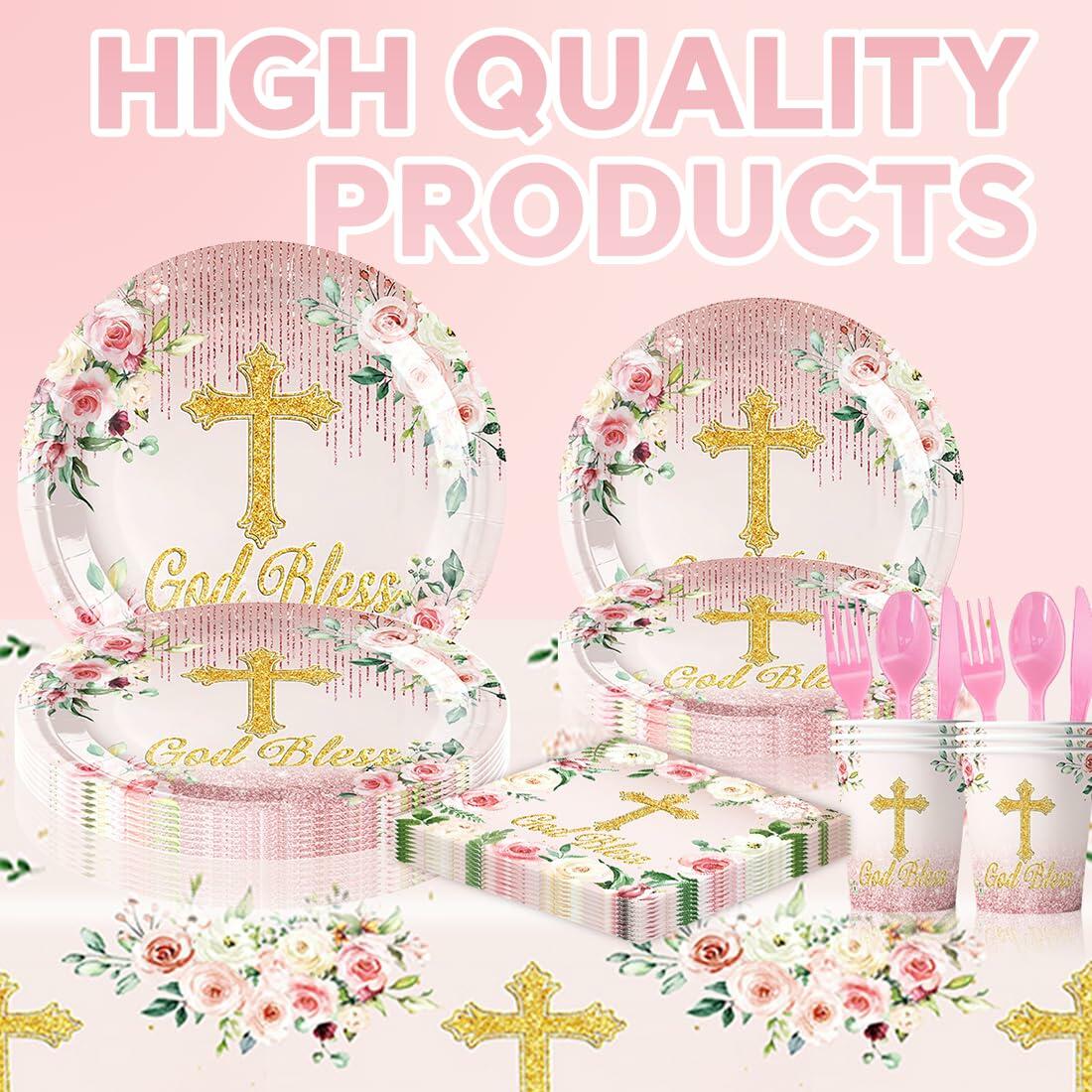 Honruida 169pcs Pink First Communion Baptismal Plates Napkins Tablecloth Cups