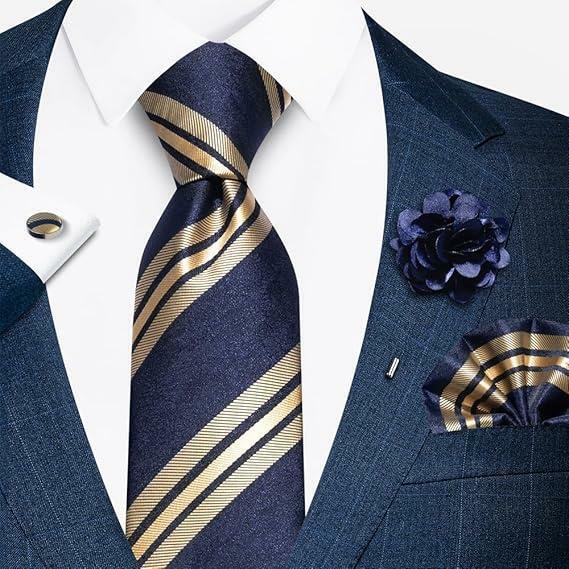 Joy Alice Men’s Tie Set Necktie Handkerchief Cufflinks Brooch Gold Blue