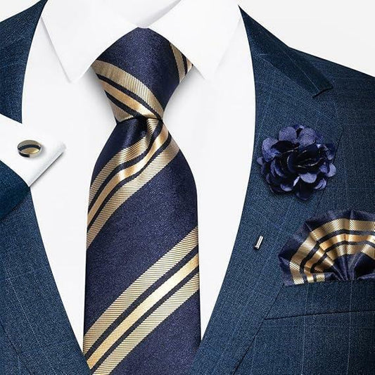 Joy Alice Men’s Tie Set Necktie Handkerchief Cufflinks Brooch Gold Blue