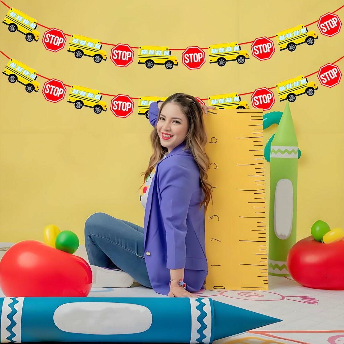 Corabsar 2Pcs Back to School Bus Banner Pre-Strung Paper Classroom Decor