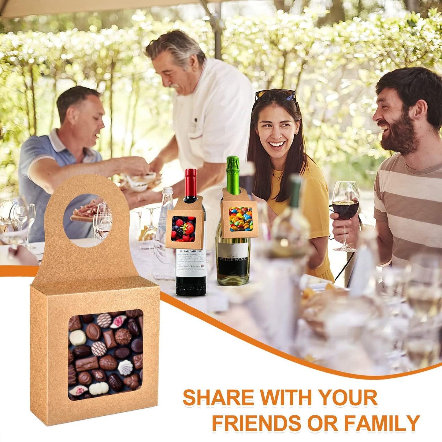 Mototo 100 PCS Kraft Paper Wine Bottle Boxes with Window Hanger Foldable Kraft