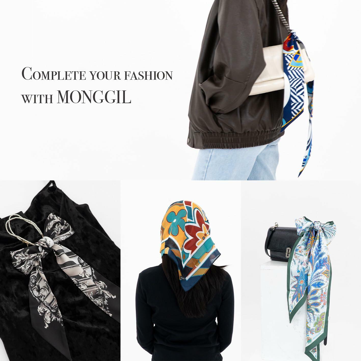 MONGGIL Satin Silky Scarf Pattern Print Neck Scarf Lightweight 27x27 inches