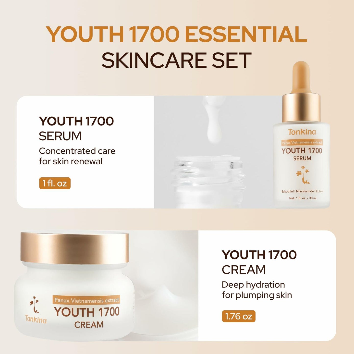Tonkina Youth 1700 Trio Set Vietnamese Ginseng Serum Eye Cream Bakuchiol