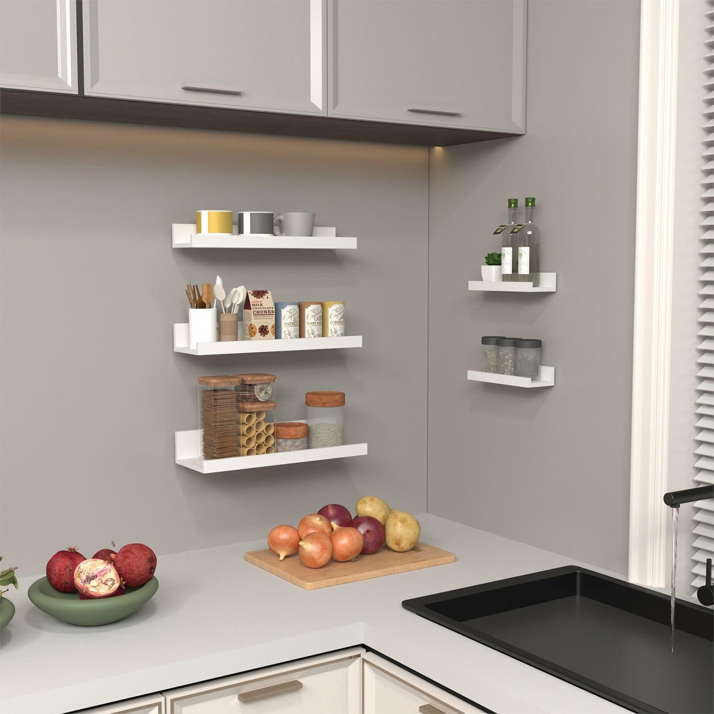 Lyeasw 16in White Floating Wall Shelves Set of 5 with Lip for Kitchen Bath