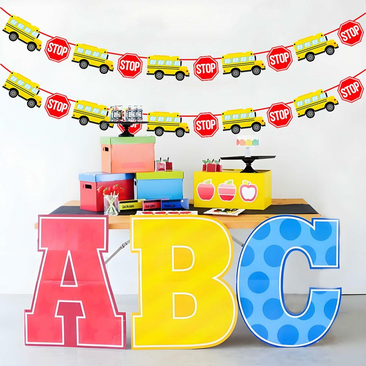 Corabsar 2Pcs Back to School Bus Banner Pre-Strung Paper Classroom Decor