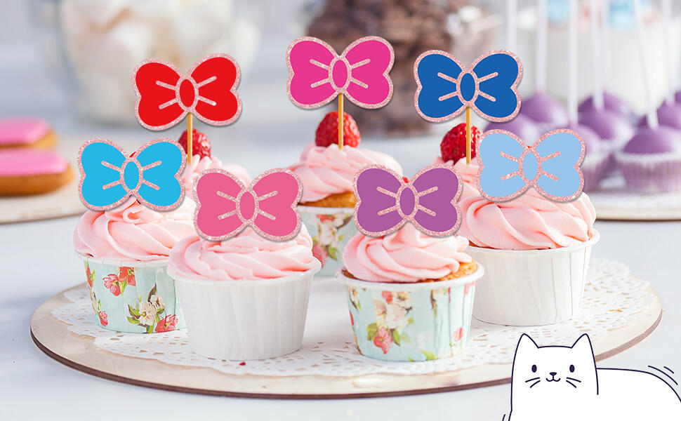 Hokinaa Kawaii Bow Cupcake Toppers 24 Pcs Cute Kitten Multi Colors