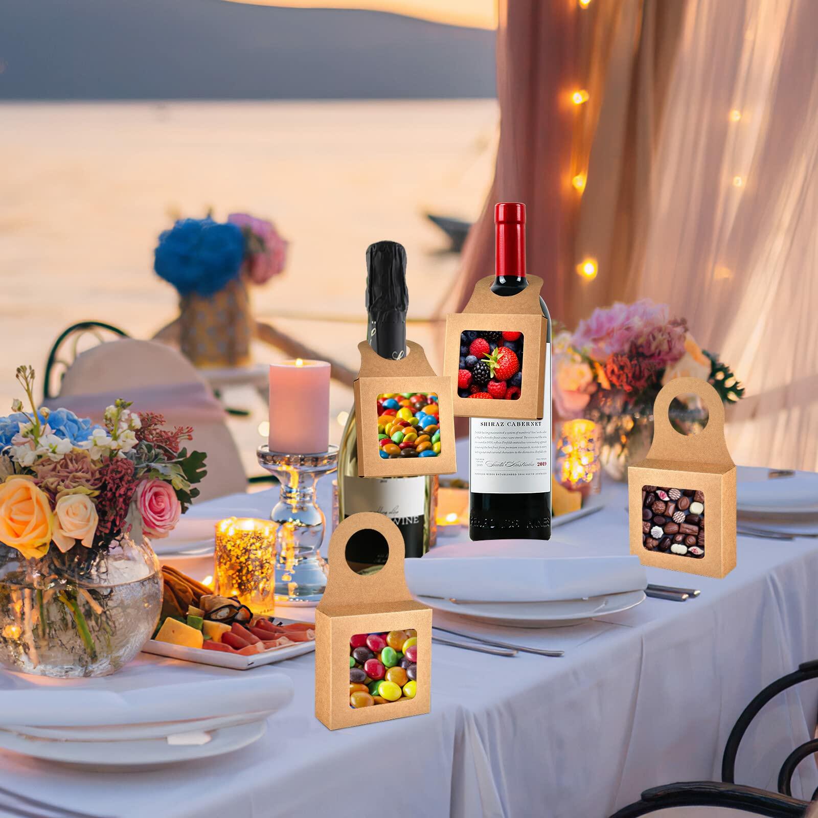 Mototo 100 PCS Kraft Paper Wine Bottle Boxes with Window Hanger Foldable Kraft