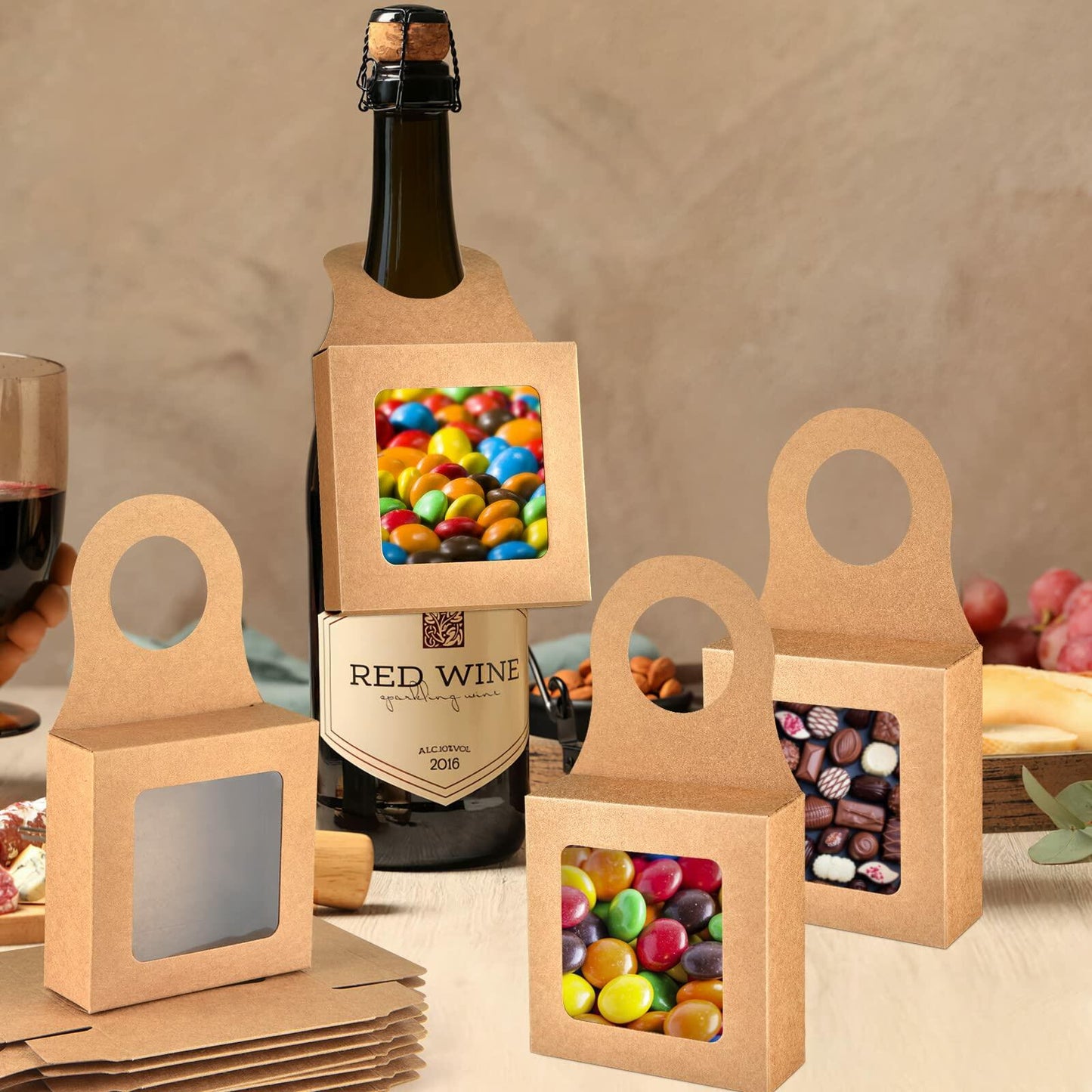 Mototo 100 PCS Kraft Paper Wine Bottle Boxes with Window Hanger Foldable Kraft