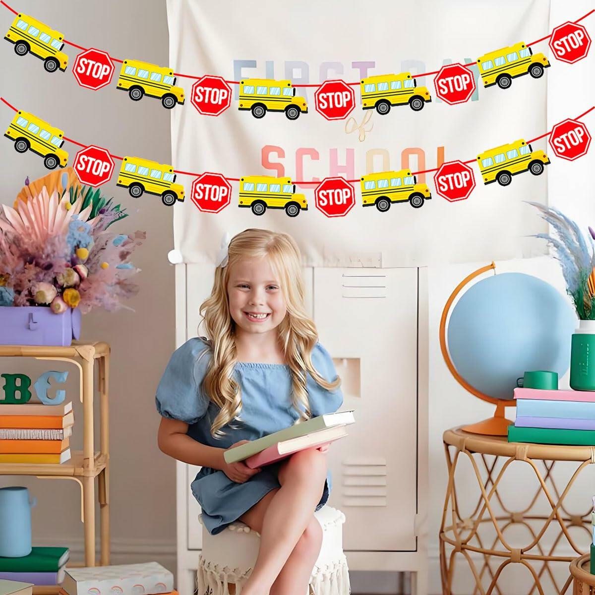 Corabsar 2Pcs Back to School Bus Banner Pre-Strung Paper Classroom Decor
