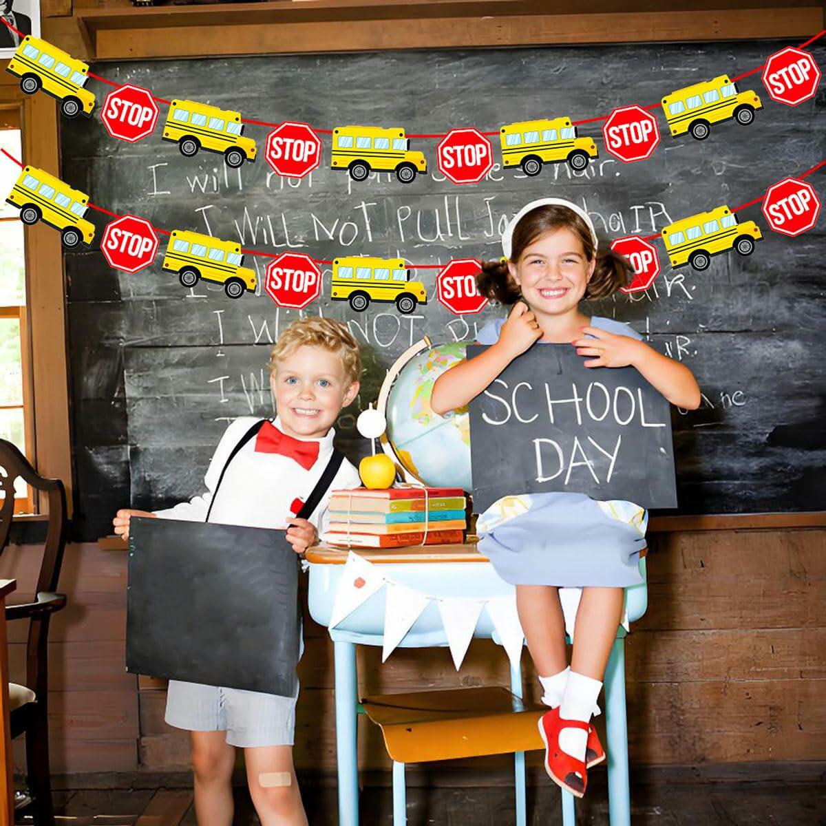 Corabsar 2Pcs Back to School Bus Banner Pre-Strung Paper Classroom Decor