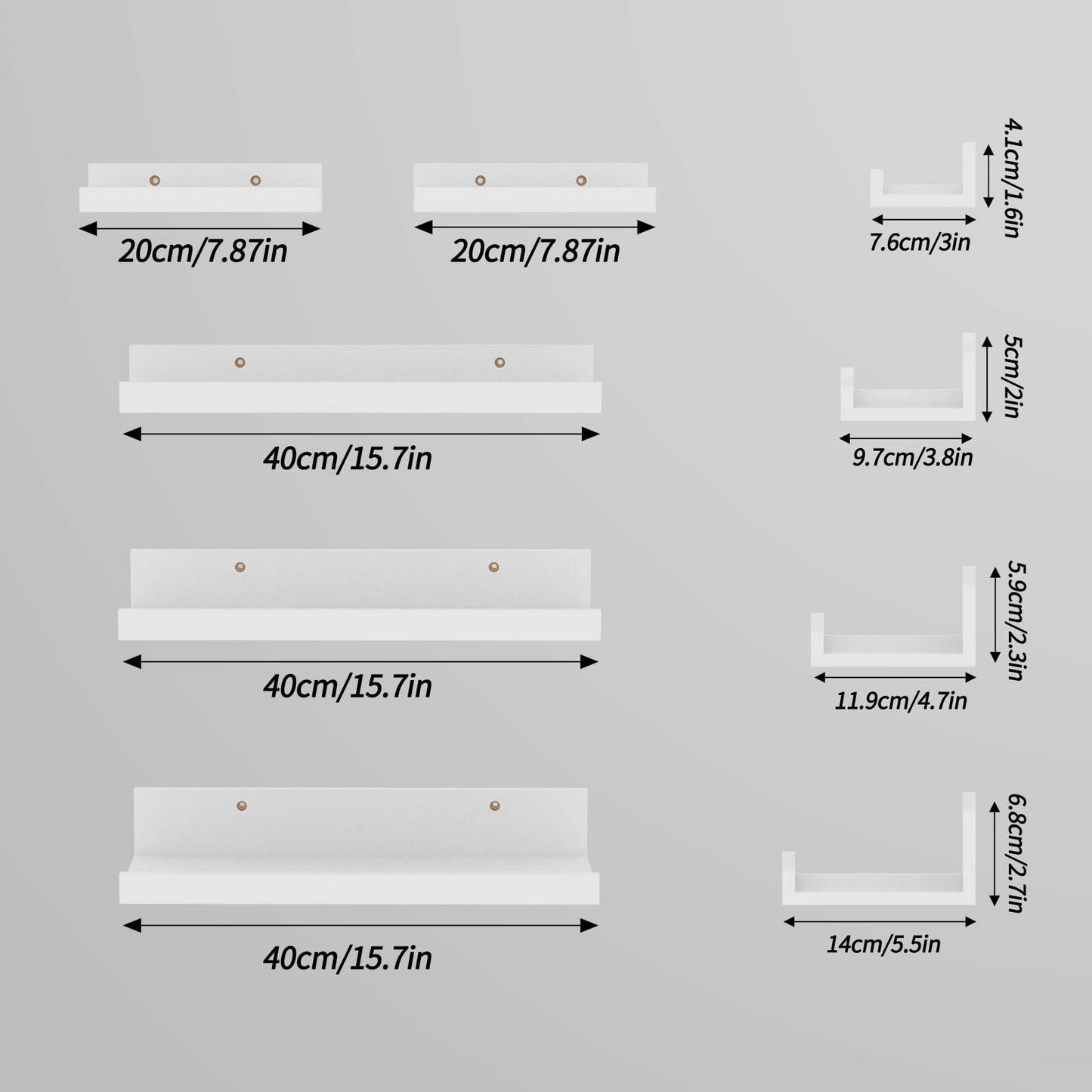 Lyeasw 16in White Floating Wall Shelves Set of 5 with Lip for Kitchen Bath