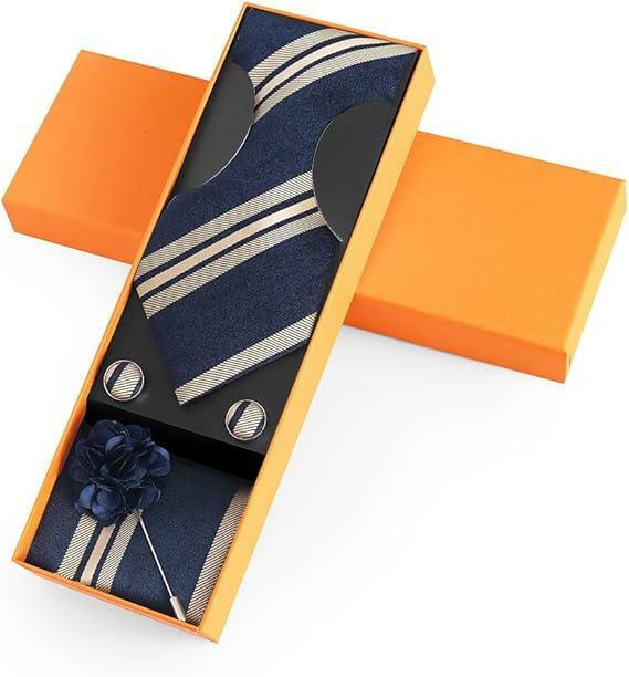 Joy Alice Men’s Tie Set Necktie Handkerchief Cufflinks Brooch Gold Blue